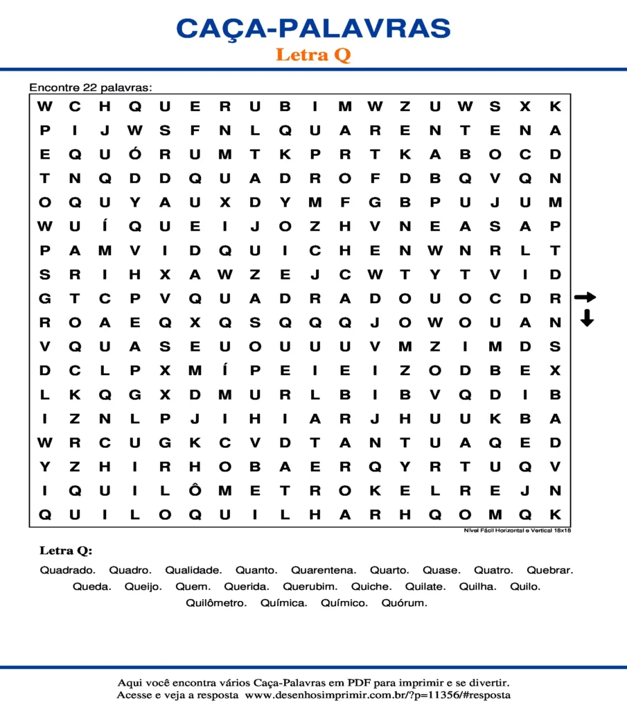 Letra Q Nível Fácil Horizontal e Vertical 18x18 caça palavras Caça Palavras da Letra Q Nível Fácil Horizontal e Vertical 18x18 para imprimir