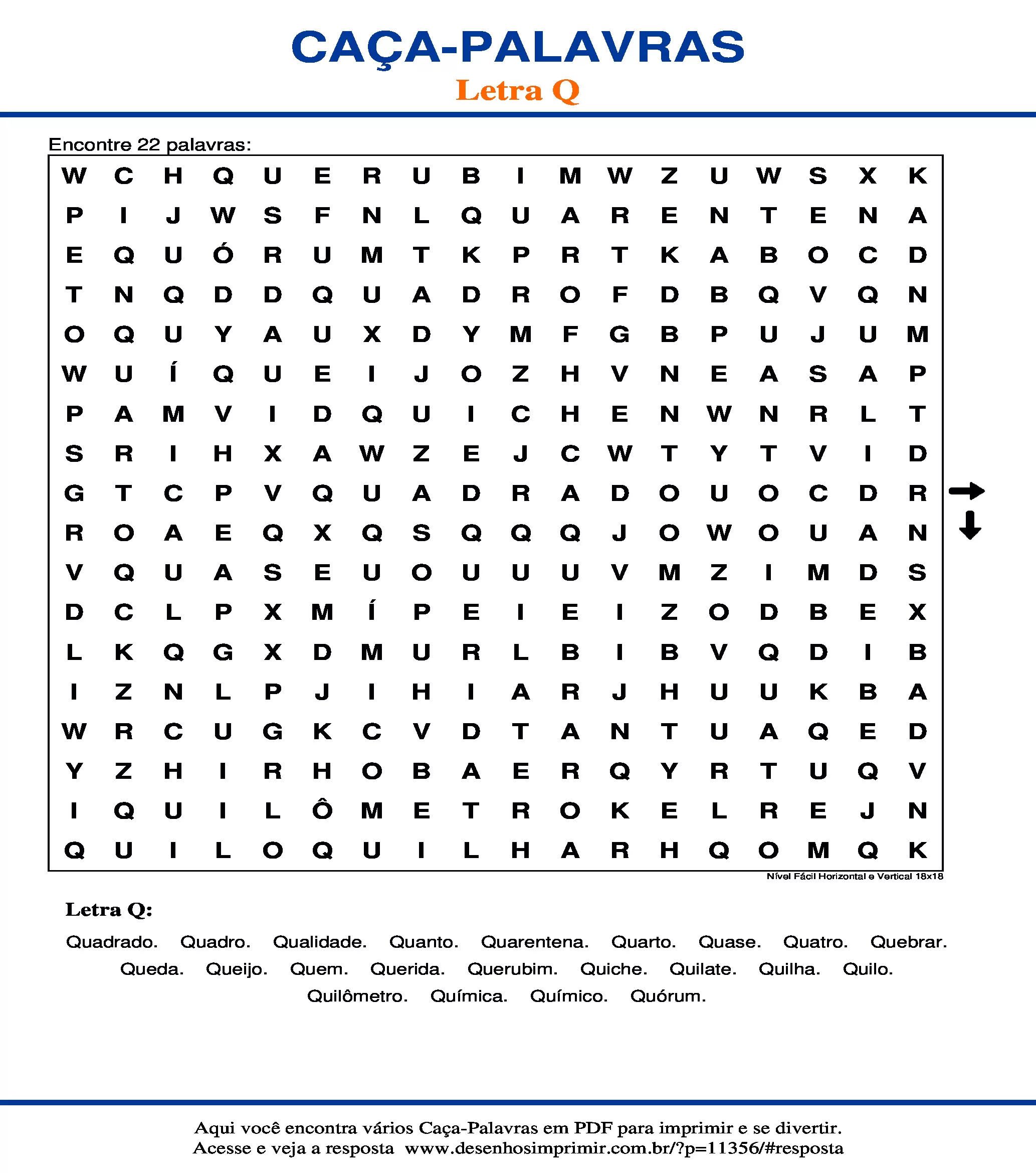 Caça Palavras Nível Fácil Horizontal e Vertical 18x18