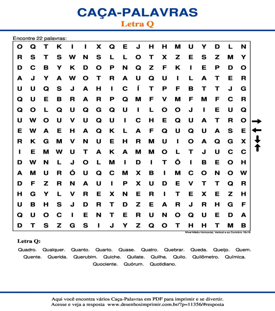 Letra Q Nível Médio Horizontal, Vertical e ao Contrário 18x18 caça palavras Caça Palavras da Letra Q Nível Médio Horizontal, Vertical e ao Contrário 18x18 para imprimir