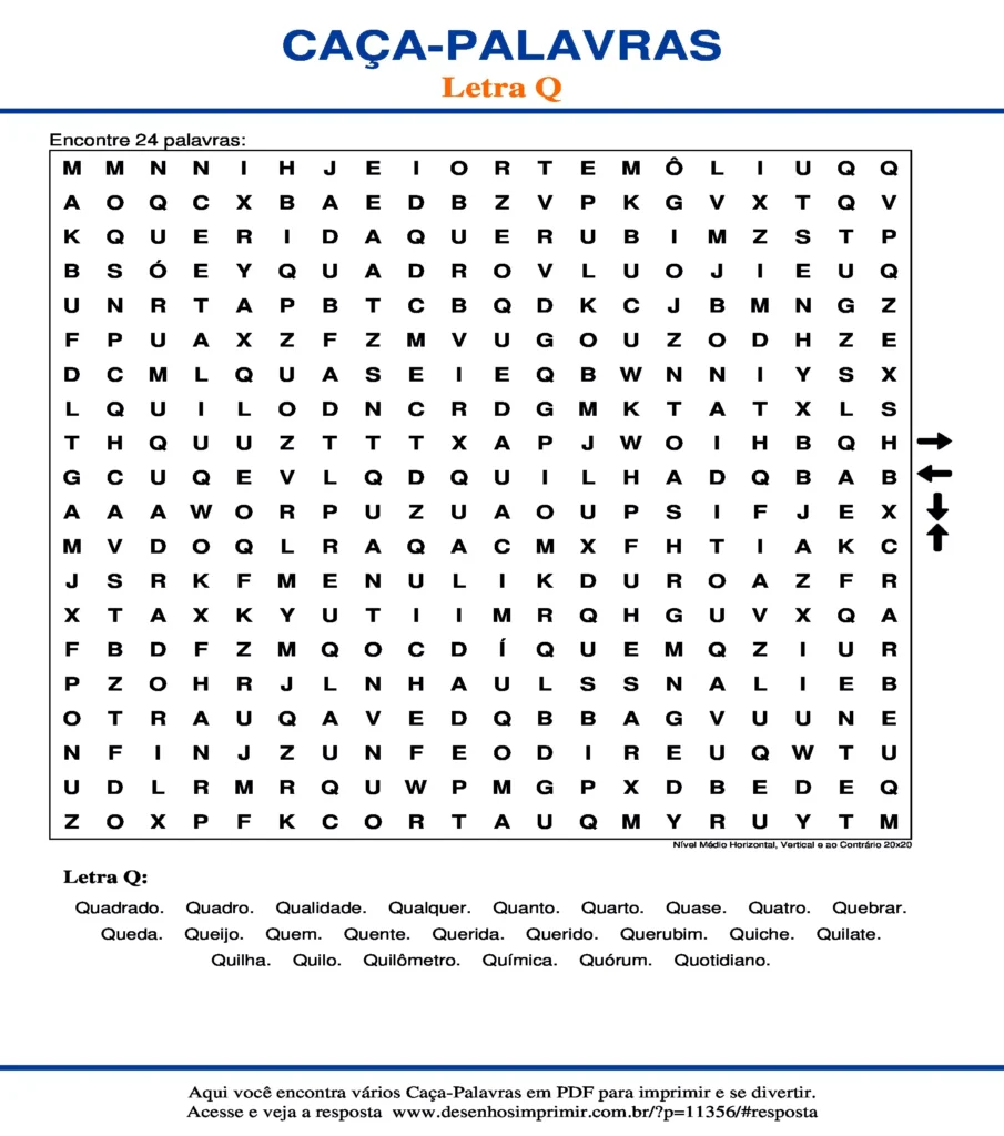 Letra Q Nível Médio Horizontal, Vertical e ao Contrário 20x20 caça palavras Caça Palavras da Letra Q Nível Médio Horizontal, Vertical e ao Contrário 20x20 para imprimir