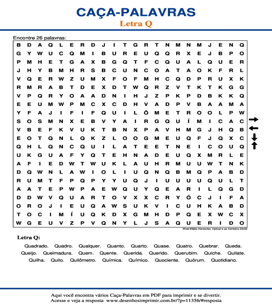 Letra Q Nível Médio Horizontal, Vertical e ao Contrário 22x22 caça palavras Caça Palavras da Letra Q Nível Médio Horizontal, Vertical e ao Contrário 22x22 para imprimir
