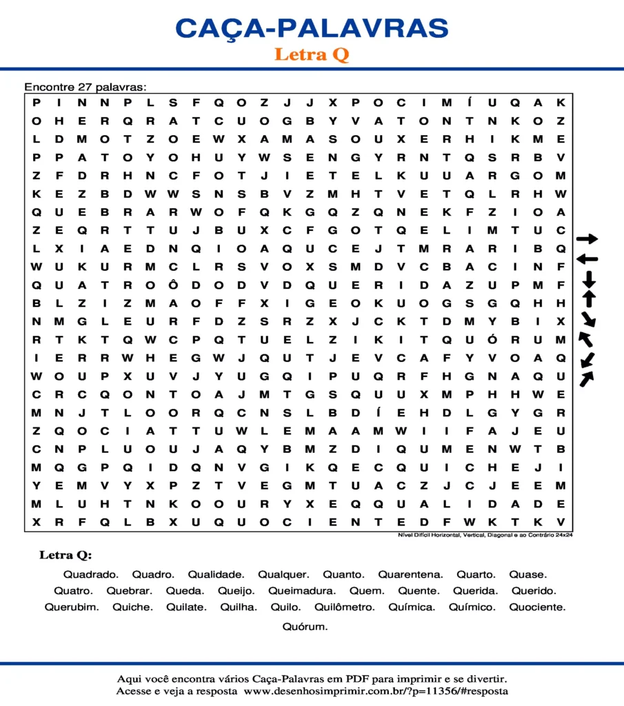 Letra Q Nível Difícil Horizontal, Vertical, Diagonal e ao Contrário 24x24 caça palavras Caça Palavras da Letra Q Nível Difícil Horizontal, Vertical, Diagonal e ao Contrário 24x24 para imprimir