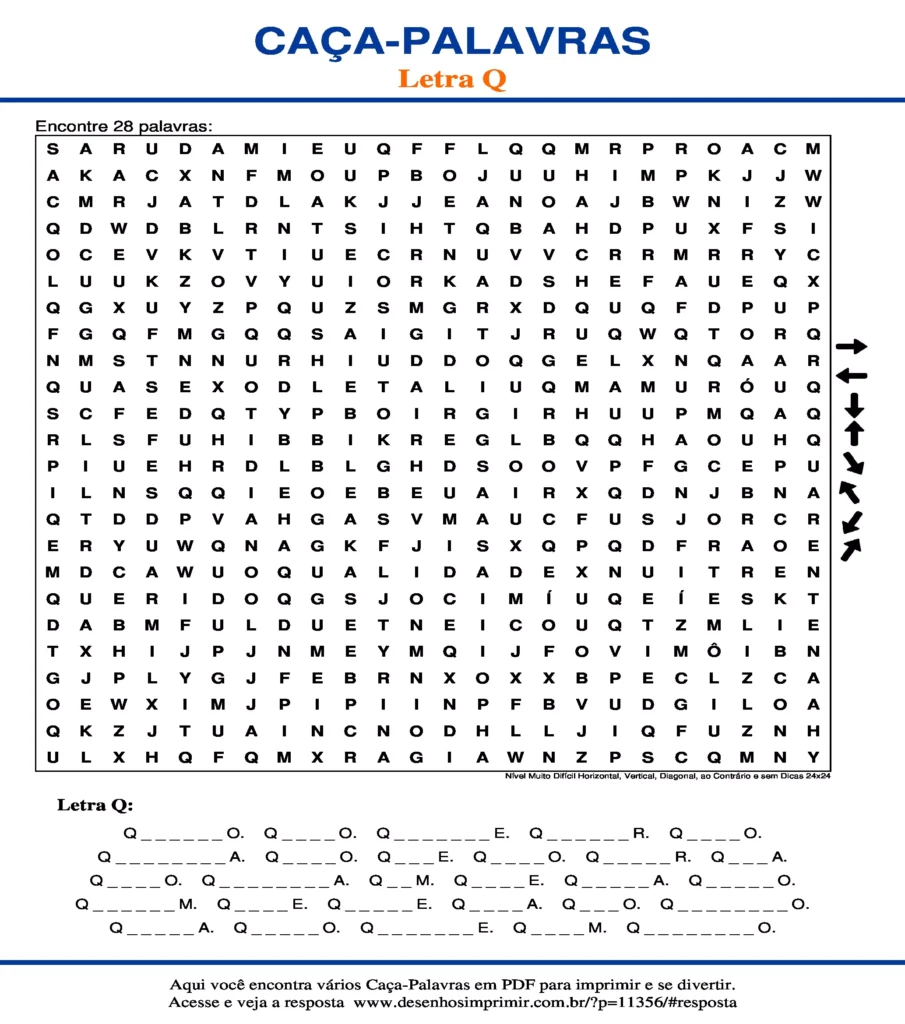 Letra Q Nível Muito Difícil Horizontal, Vertical, Diagonal, ao Contrário e sem Dicas 24x24 caça palavras Caça Palavras da Letra Q Nível Muito Difícil Horizontal, Vertical, Diagonal, ao Contrário e sem Dicas 24x24 para imprimir