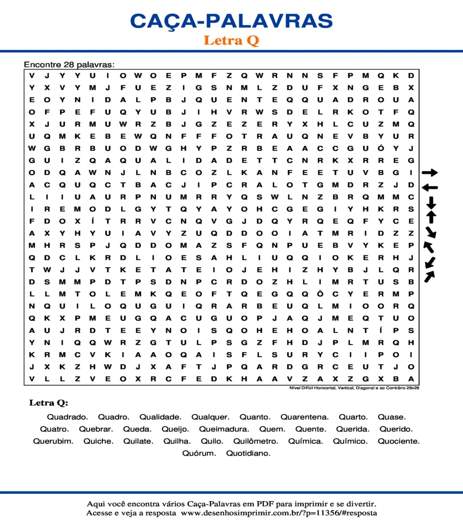 Letra Q Nível Difícil Horizontal, Vertical, Diagonal e ao Contrário 26x26 caça palavras Caça Palavras da Letra Q Nível Difícil Horizontal, Vertical, Diagonal e ao Contrário 26x26 para imprimir