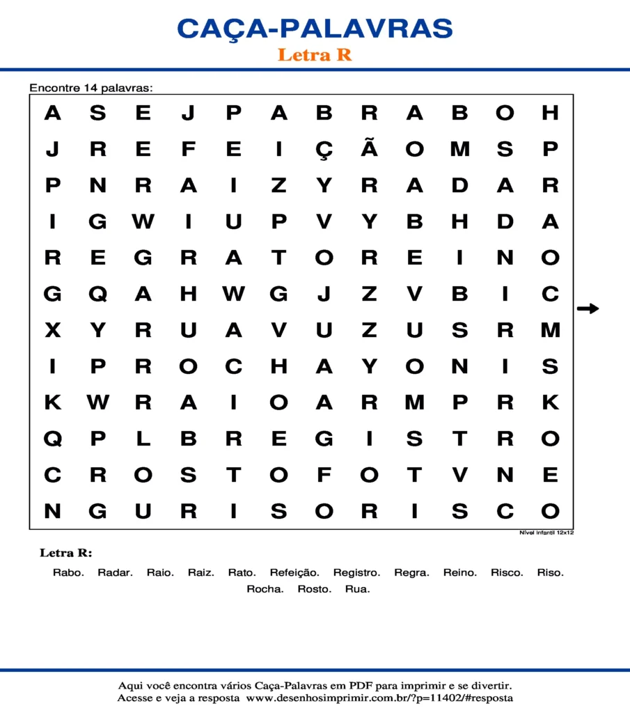 Letra R Nível Infantil 12x12 caça palavras Caça Palavras da Letra R Nível Infantil 12x12 para imprimir