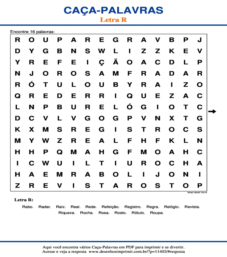 Letra R Nível Infantil 14x14 caça palavras Caça Palavras da Letra R Nível Infantil 14x14 para imprimir