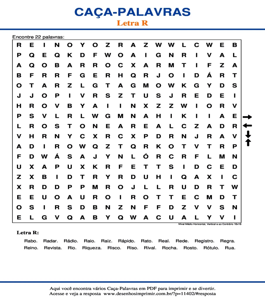 Letra R Nível Médio Horizontal, Vertical e ao Contrário 18x18 caça palavras Caça Palavras da Letra R Nível Médio Horizontal, Vertical e ao Contrário 18x18 para imprimir