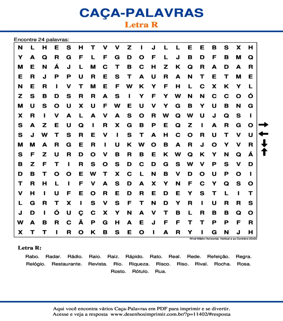 Letra R Nível Médio Horizontal, Vertical e ao Contrário 20x20 caça palavras Caça Palavras da Letra R Nível Médio Horizontal, Vertical e ao Contrário 20x20 para imprimir
