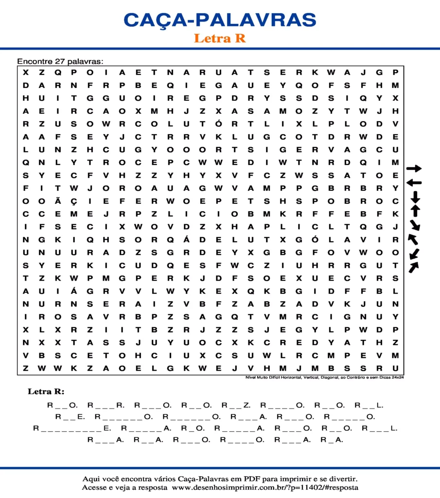 Letra R Nível Muito Difícil Horizontal, Vertical, Diagonal, ao Contrário e sem Dicas 24x24 caça palavras Caça Palavras da Letra R Nível Muito Difícil Horizontal, Vertical, Diagonal, ao Contrário e sem Dicas 24x24 para imprimir