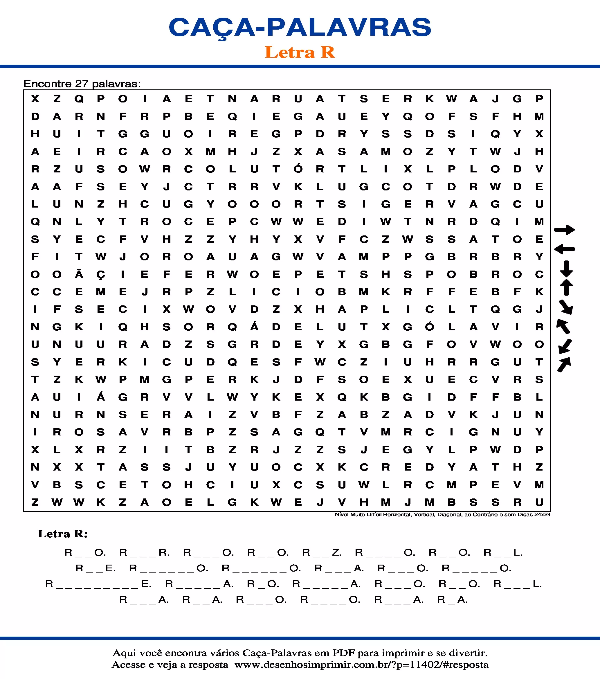 Caça Palavras Nível Muito Difícil Horizontal, Vertical, Diagonal, ao Contrário e sem Dicas 24x24