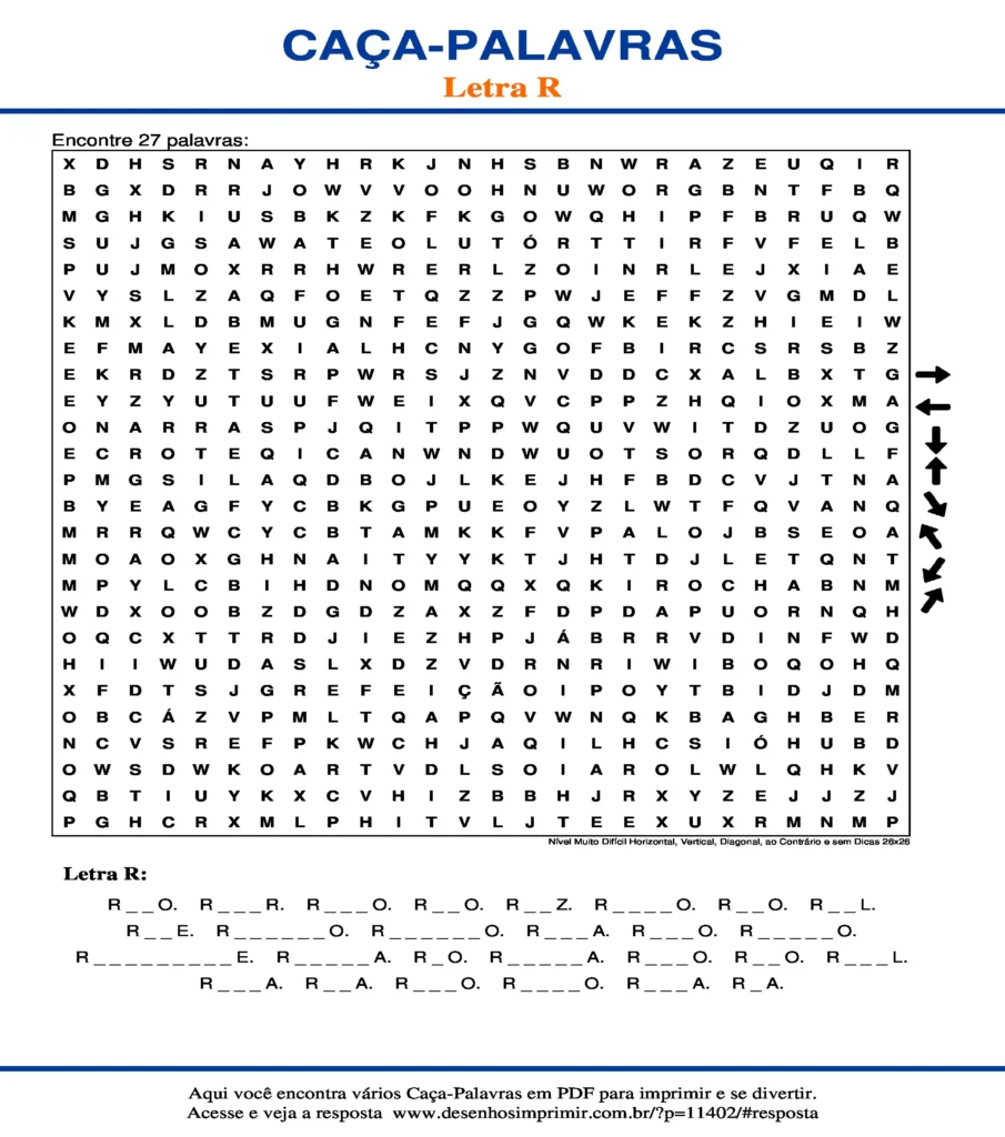 Letra R Nível Muito Difícil Horizontal, Vertical, Diagonal, ao Contrário e sem Dicas 26x26 caça palavras Caça Palavras da Letra R Nível Muito Difícil Horizontal, Vertical, Diagonal, ao Contrário e sem Dicas 26x26 para imprimir