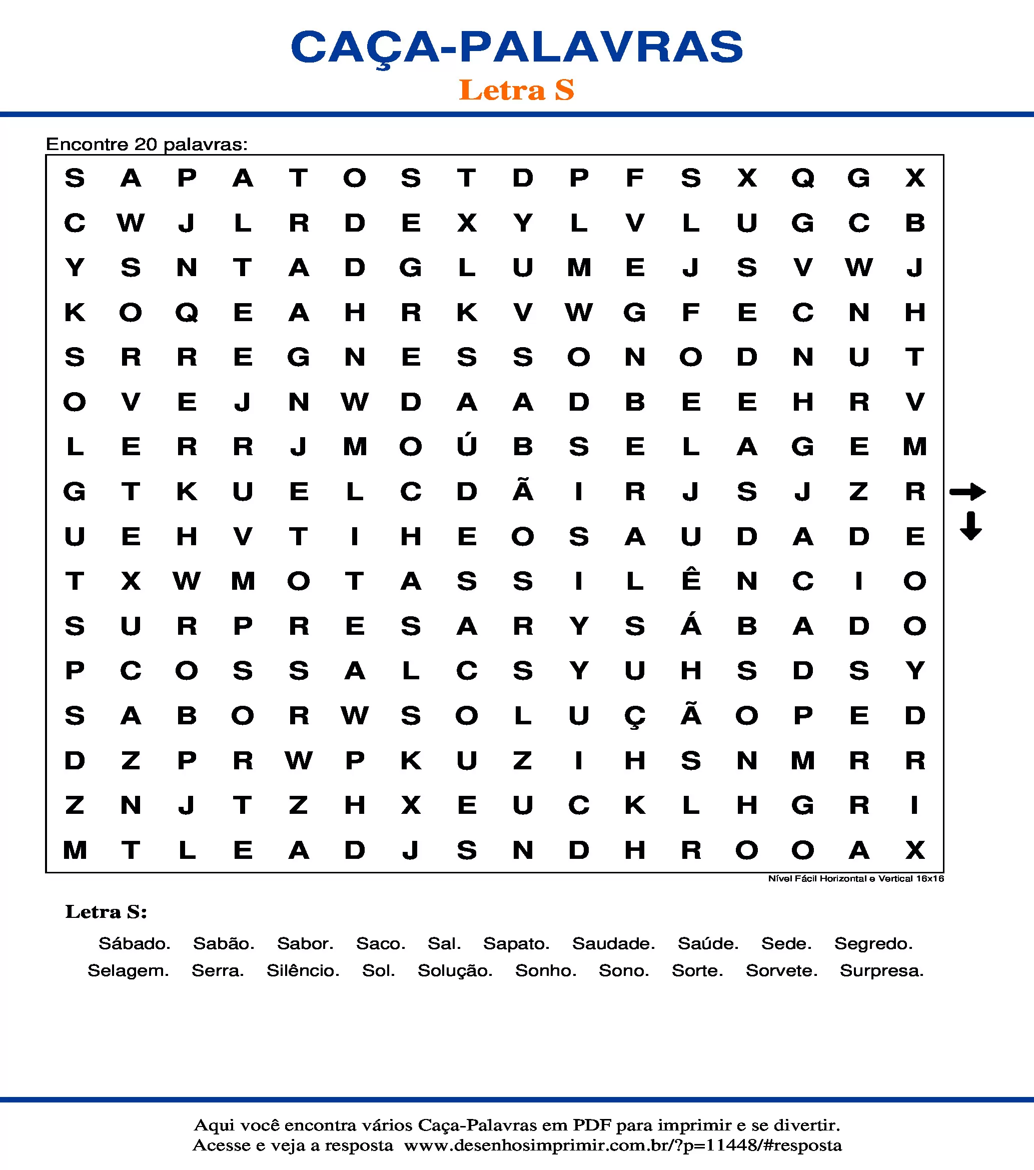 Caça Palavras Nível Fácil Horizontal e Vertical 16x16