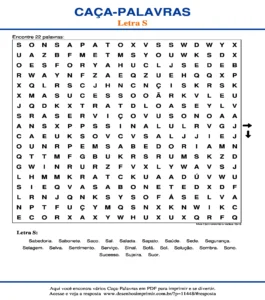 Caça Palavras da Letra S Nível Fácil Horizontal e Vertical 18x18 para imprimir