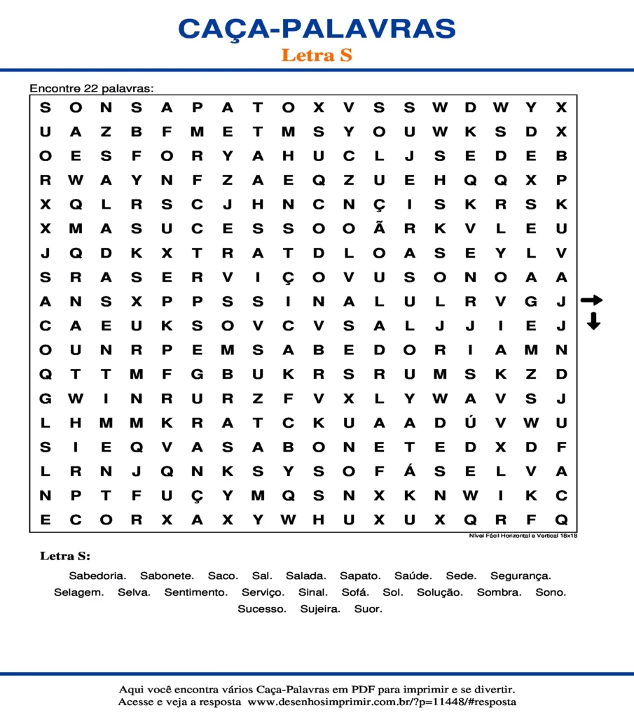 Letra S Nível Fácil Horizontal e Vertical 18x18 caça palavras Caça Palavras da Letra S Nível Fácil Horizontal e Vertical 18x18 para imprimir