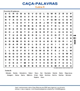 Caça Palavras da Letra S Nível Médio Horizontal, Vertical e ao Contrário 18x18 para imprimir
