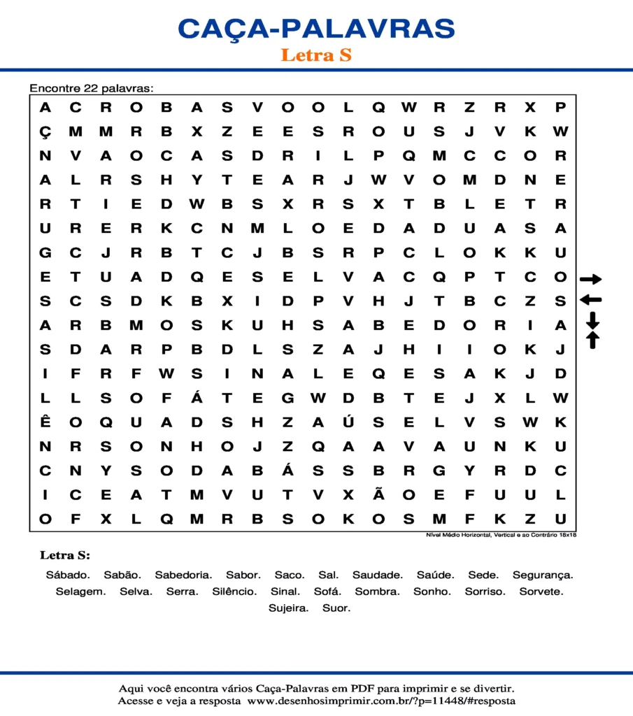 Letra S Nível Médio Horizontal, Vertical e ao Contrário 18x18 caça palavras Caça Palavras da Letra S Nível Médio Horizontal, Vertical e ao Contrário 18x18 para imprimir
