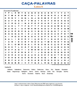 Caça Palavras da Letra S Nível Médio Horizontal, Vertical e ao Contrário 20x20 para imprimir
