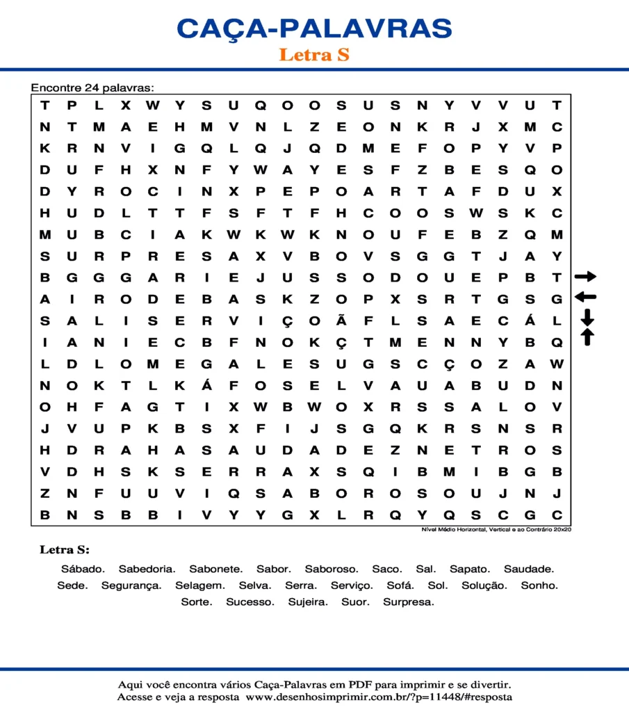 Letra S Nível Médio Horizontal, Vertical e ao Contrário 20x20 caça palavras Caça Palavras da Letra S Nível Médio Horizontal, Vertical e ao Contrário 20x20 para imprimir