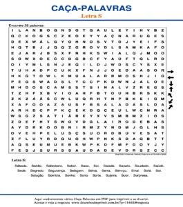 Caça Palavras da Letra S Nível Difícil Horizontal, Vertical, Diagonal e ao Contrário 22x22 para imprimir