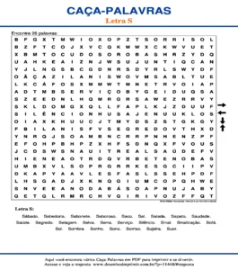 Caça Palavras da Letra S Nível Médio Horizontal, Vertical e ao Contrário 22x22 para imprimir