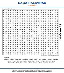 Caça Palavras da Letra S Nível Difícil Horizontal, Vertical, Diagonal e ao Contrário 24x24 para imprimir