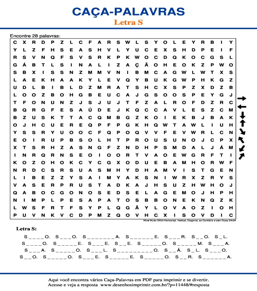 Letra S Nível Muito Difícil Horizontal, Vertical, Diagonal, ao Contrário e sem Dicas 24x24 caça palavras Caça Palavras da Letra S Nível Muito Difícil Horizontal, Vertical, Diagonal, ao Contrário e sem Dicas 24x24 para imprimir