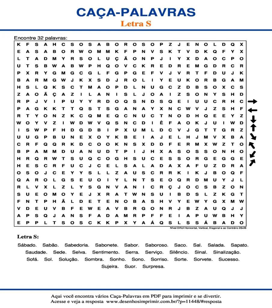 Letra S Nível Difícil Horizontal, Vertical, Diagonal e ao Contrário 26x26 caça palavras Caça Palavras da Letra S Nível Difícil Horizontal, Vertical, Diagonal e ao Contrário 26x26 para imprimir