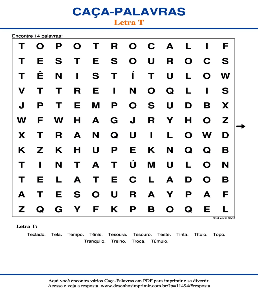 Letra T Nível Infantil 12x12 caça palavras Caça Palavras da Letra T Nível Infantil 12x12 para imprimir