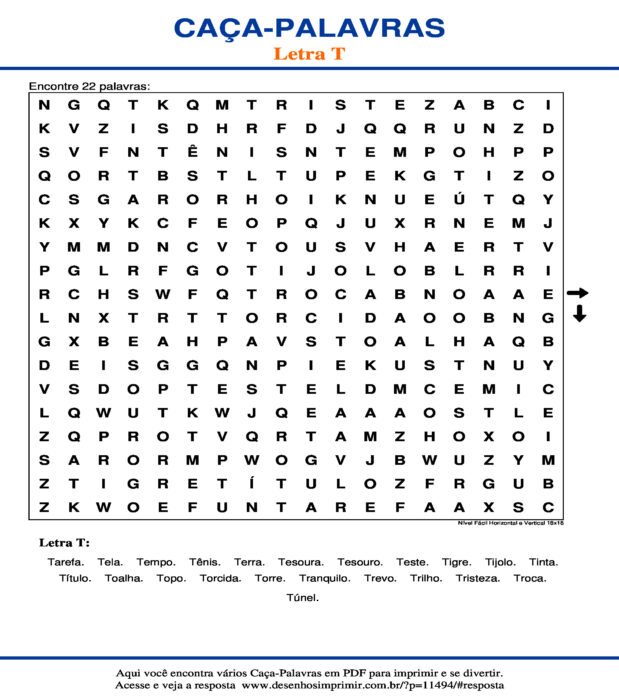 Caça Palavras da Letra T Nível Fácil Horizontal e Vertical 18x18 para imprimir