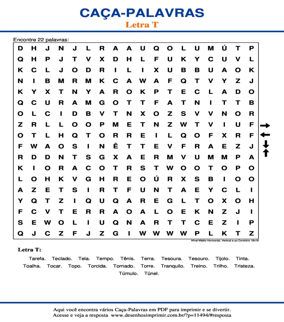 Letra T Nível Médio Horizontal, Vertical e ao Contrário 18x18 caça palavras Caça Palavras da Letra T Nível Médio Horizontal, Vertical e ao Contrário 18x18 para imprimir