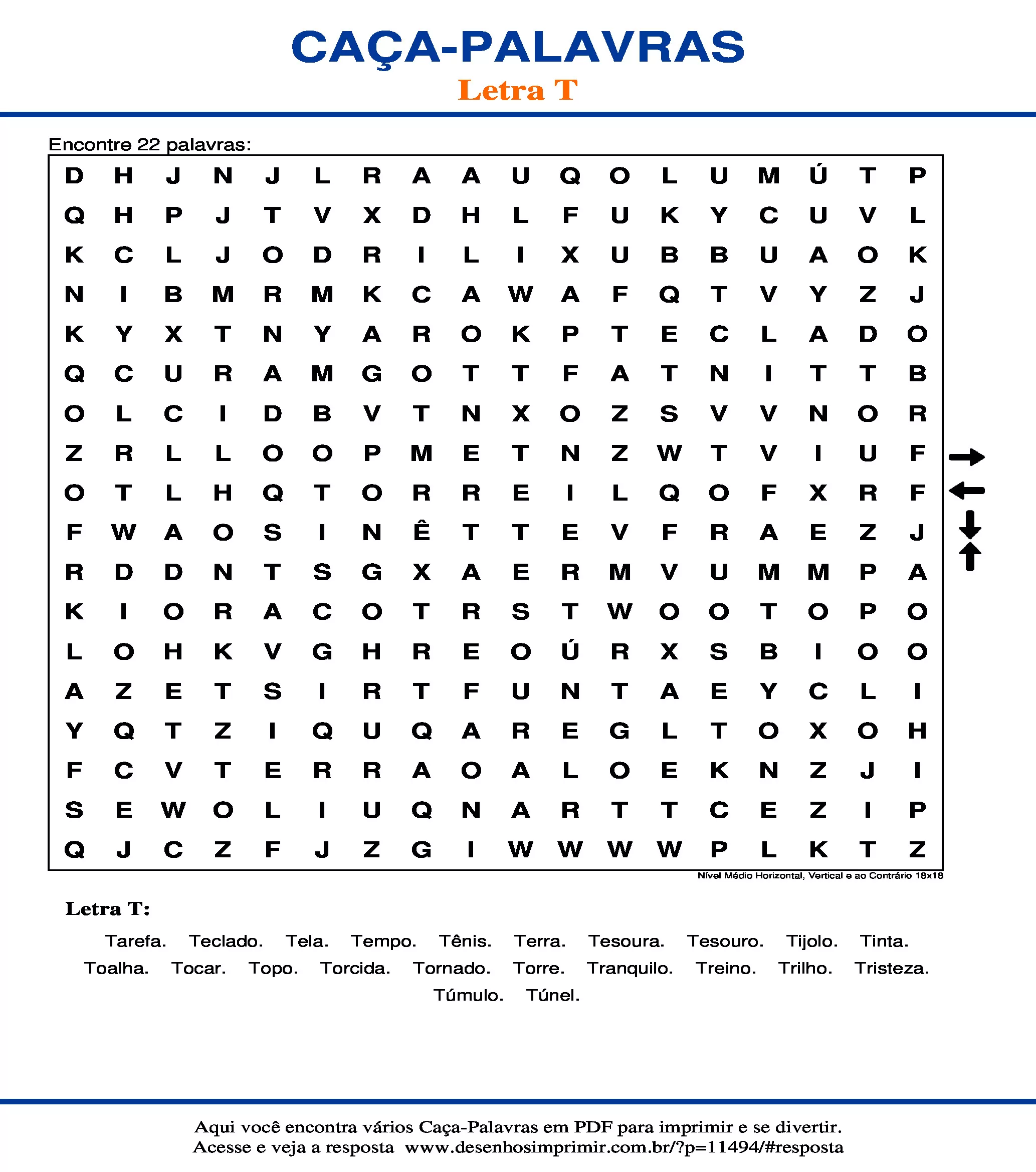 Caça Palavras Nível Médio Horizontal, Vertical e ao Contrário 18x18