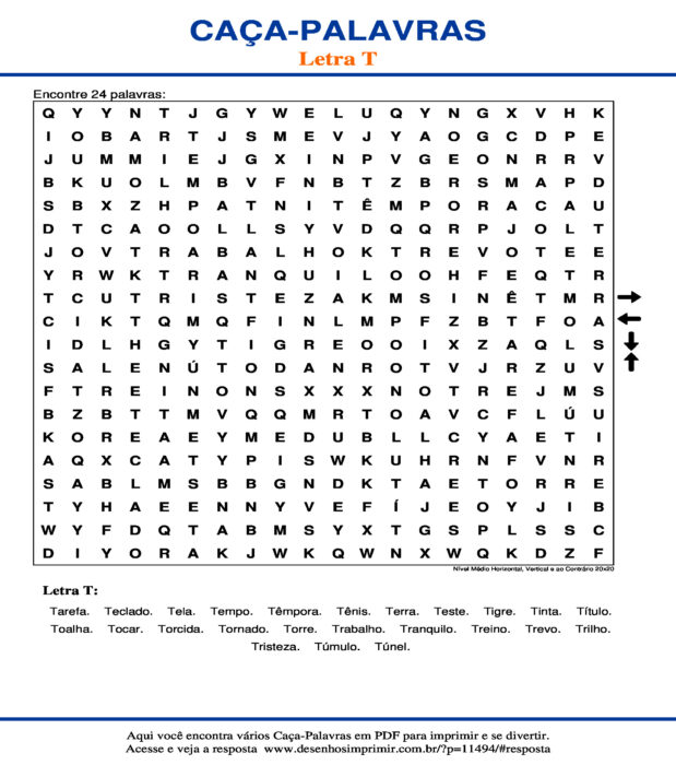 Caça Palavras da Letra T Nível Médio Horizontal, Vertical e ao Contrário 20x20 para imprimir