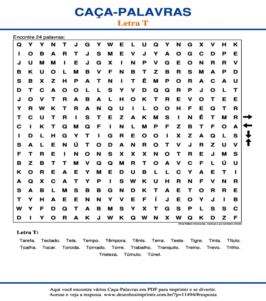 Letra T Nível Médio Horizontal, Vertical e ao Contrário 20x20 caça palavras Caça Palavras da Letra T Nível Médio Horizontal, Vertical e ao Contrário 20x20 para imprimir