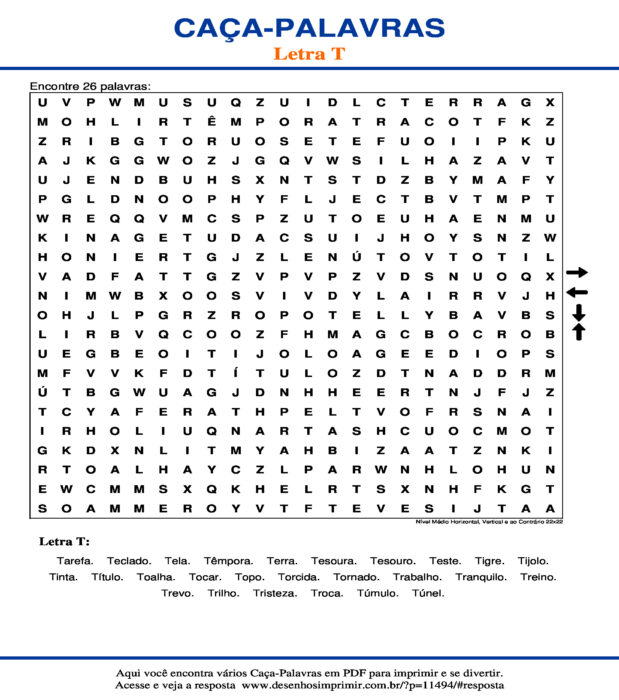 Caça Palavras da Letra T Nível Médio Horizontal, Vertical e ao Contrário 22x22 para imprimir