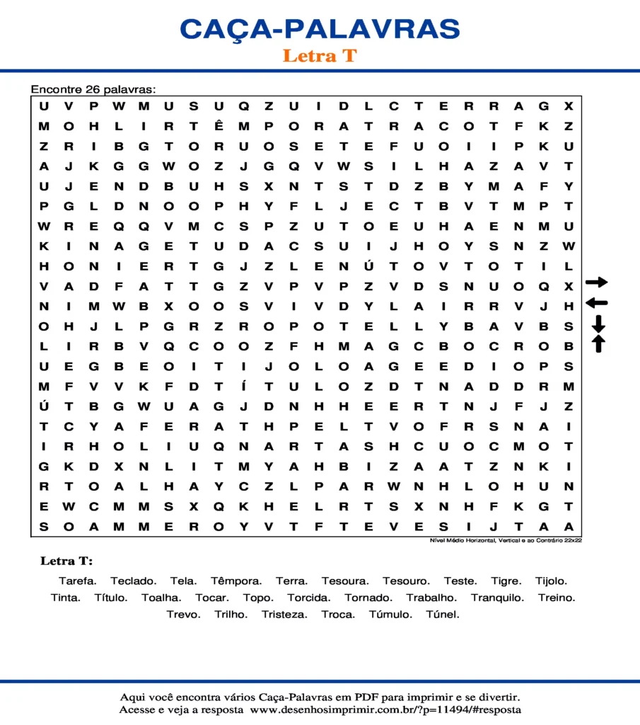 Letra T Nível Médio Horizontal, Vertical e ao Contrário 22x22 caça palavras Caça Palavras da Letra T Nível Médio Horizontal, Vertical e ao Contrário 22x22 para imprimir