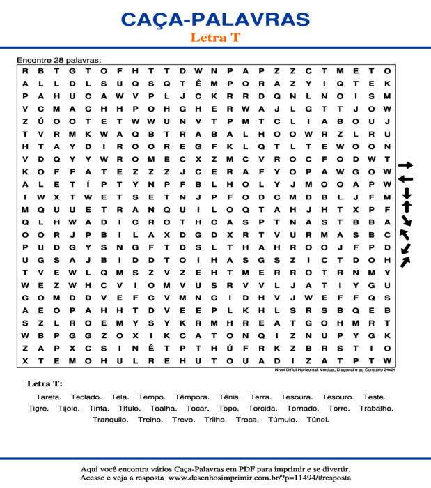 Caça Palavras da Letra T Nível Difícil Horizontal, Vertical, Diagonal e ao Contrário 24x24 para imprimir
