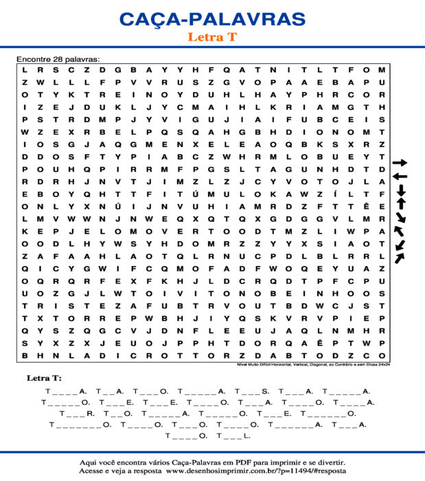 Caça Palavras da Letra T Nível Muito Difícil Horizontal, Vertical, Diagonal, ao Contrário e sem Dicas 24x24 para imprimir