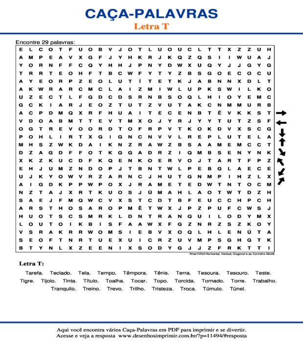 Caça Palavras da Letra T Nível Difícil Horizontal, Vertical, Diagonal e ao Contrário 26x26 para imprimir