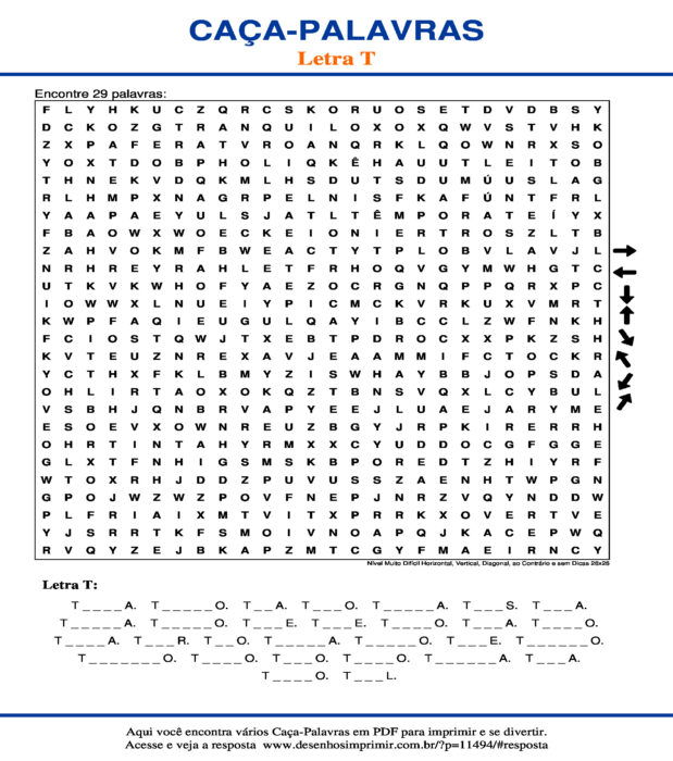 Caça Palavras da Letra T Nível Muito Difícil Horizontal, Vertical, Diagonal, ao Contrário e sem Dicas 26x26 para imprimir