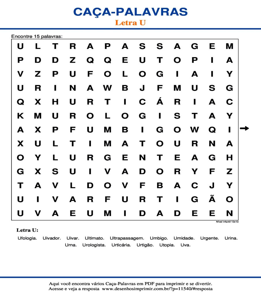 Letra U Nível Infantil 13x13 caça palavras Caça Palavras da Letra U Nível Infantil 13x13 para imprimir