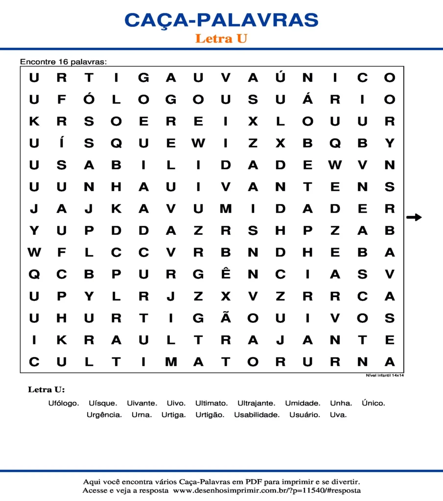 Letra U Nível Infantil 14x14 caça palavras Caça Palavras da Letra U Nível Infantil 14x14 para imprimir