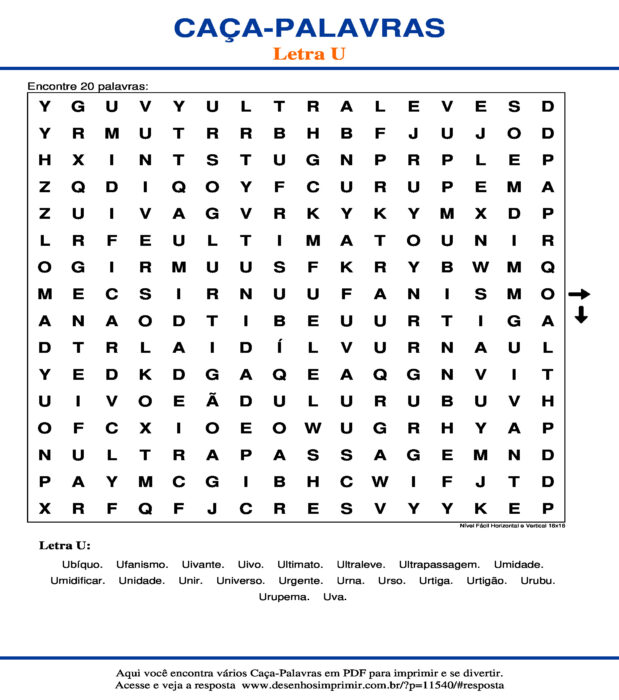 Caça Palavras da Letra U Nível Fácil Horizontal e Vertical 16x16 para imprimir