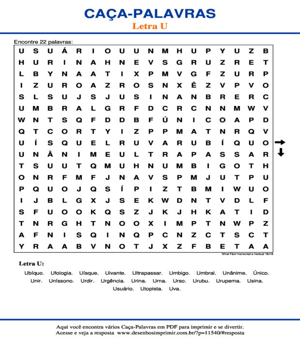 Caça Palavras da Letra U Nível Fácil Horizontal e Vertical 18x18 para imprimir