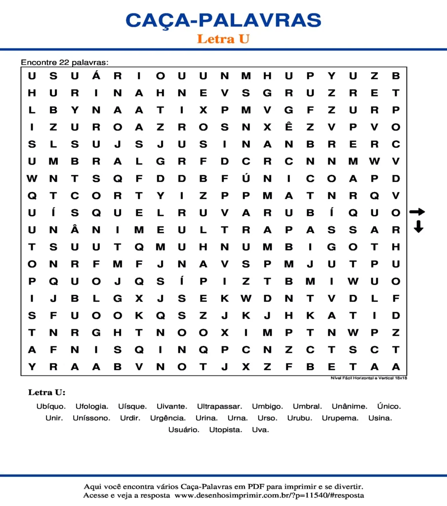 Letra U Nível Fácil Horizontal e Vertical 18x18 caça palavras Caça Palavras da Letra U Nível Fácil Horizontal e Vertical 18x18 para imprimir