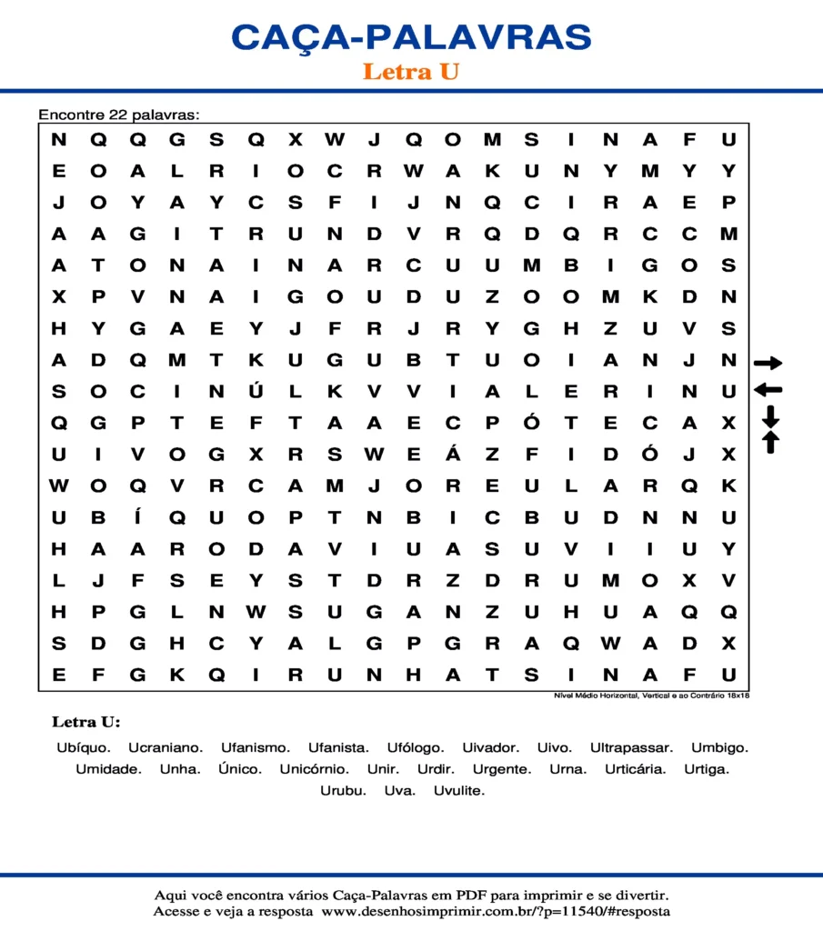 Letra U Nível Médio Horizontal, Vertical e ao Contrário 18x18 caça palavras Caça Palavras da Letra U Nível Médio Horizontal, Vertical e ao Contrário 18x18 para imprimir