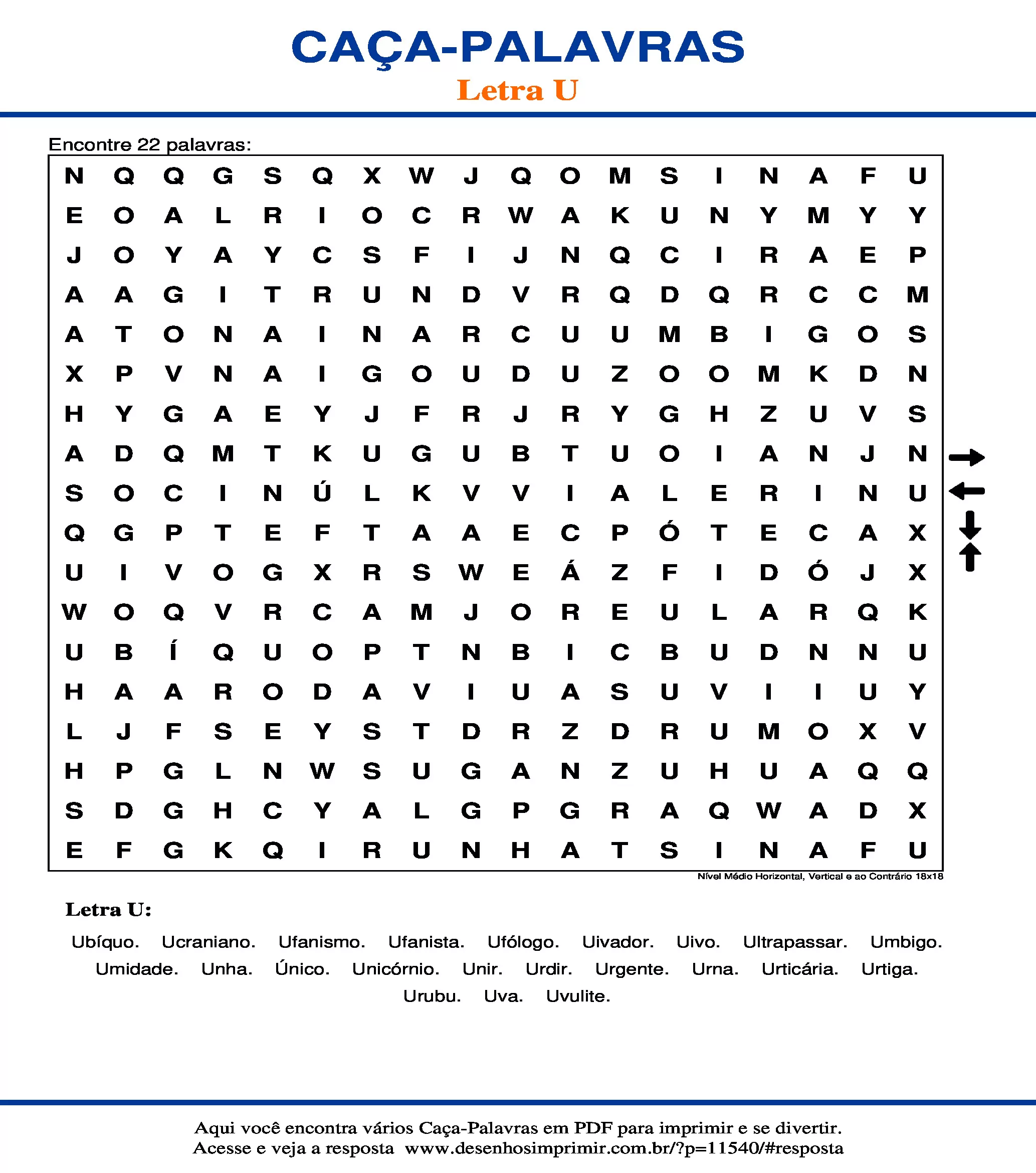 Caça Palavras Nível Médio Horizontal, Vertical e ao Contrário 18x18