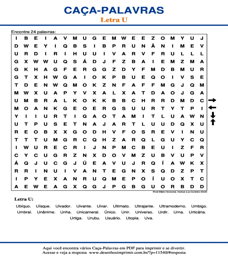 Letra U Nível Médio Horizontal, Vertical e ao Contrário 20x20 caça palavras Caça Palavras da Letra U Nível Médio Horizontal, Vertical e ao Contrário 20x20 para imprimir