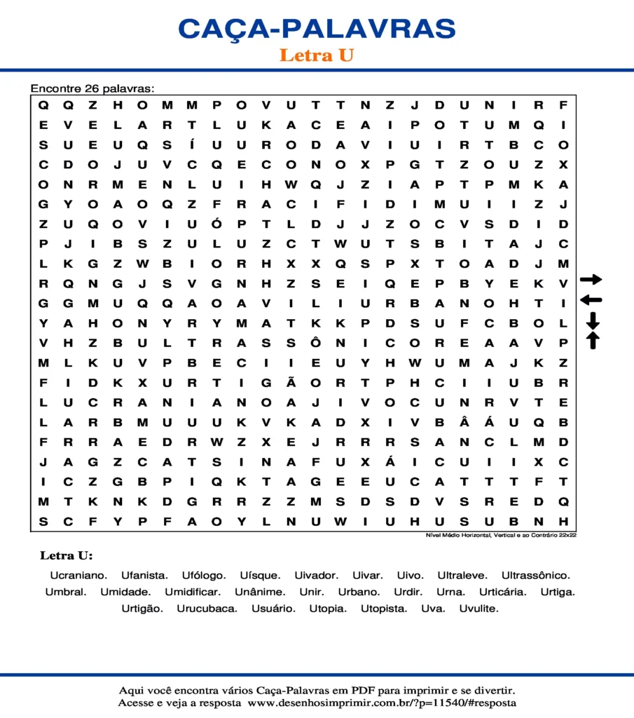 Letra U Nível Médio Horizontal, Vertical e ao Contrário 22x22 caça palavras Caça Palavras da Letra U Nível Médio Horizontal, Vertical e ao Contrário 22x22 para imprimir