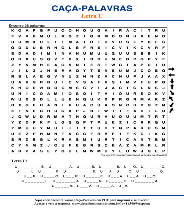 Caça Palavras da Letra U Nível Muito Difícil Horizontal, Vertical, Diagonal, ao Contrário e sem Dicas 22x22 para imprimir