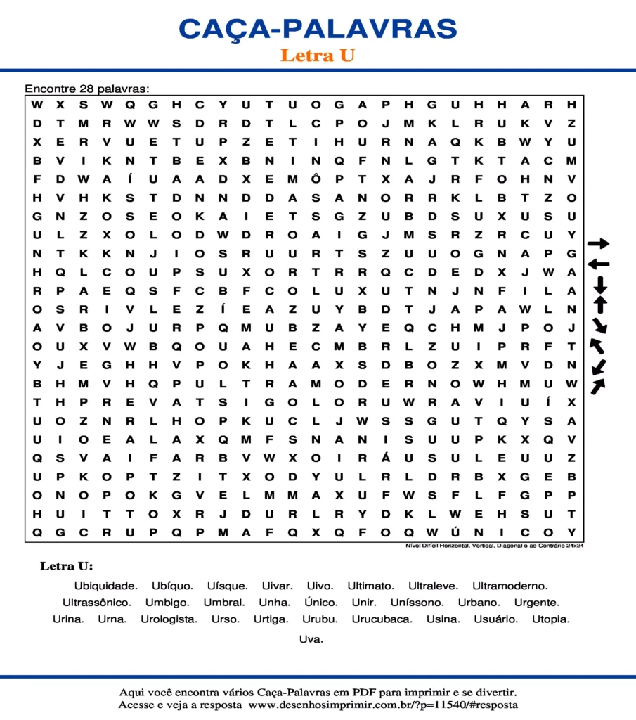 Letra U Nível Difícil Horizontal, Vertical, Diagonal e ao Contrário 24x24 caça palavras Caça Palavras da Letra U Nível Difícil Horizontal, Vertical, Diagonal e ao Contrário 24x24 para imprimir